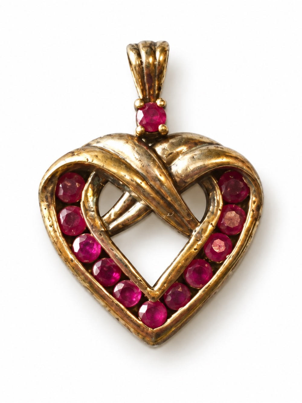 Vintage Double Heart Pendant Raspberry Red Stones 925 sterling silver